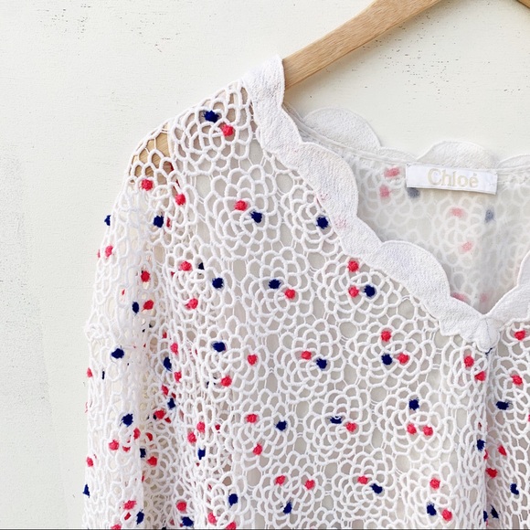 CHLOÉ Optic White Guipure Lace Cutout Blouse Sz 6 - Picture 3 of 13